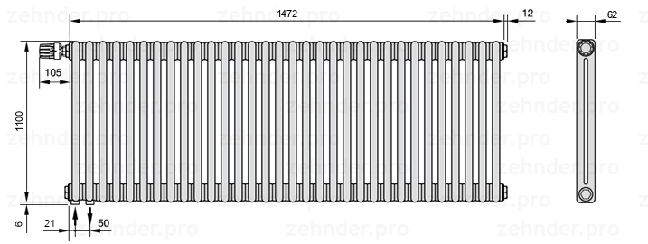 Схема (чертеж) Радиатор Zehnder Charleston 2110/32 №V001 Белый глянцевый RAL 9016